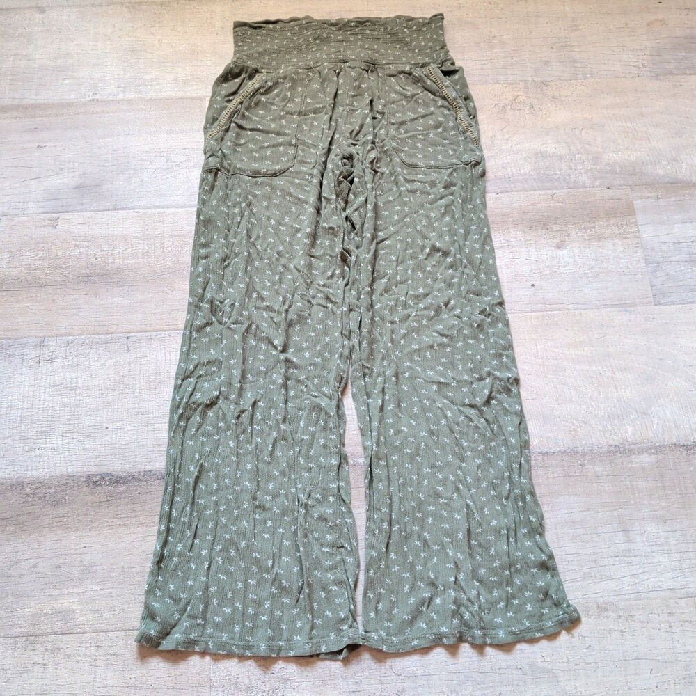 Three Dots Women's Mid-Rise Relaxed Fit Pull-On Pants Green Sz S Floral Wide Leg